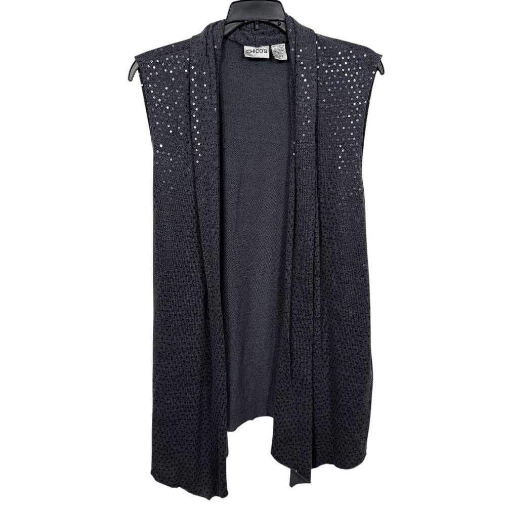 Chicos Sequin Sweater Vest Size 3 US XL Gray Sleeveless Lightweight Cozy